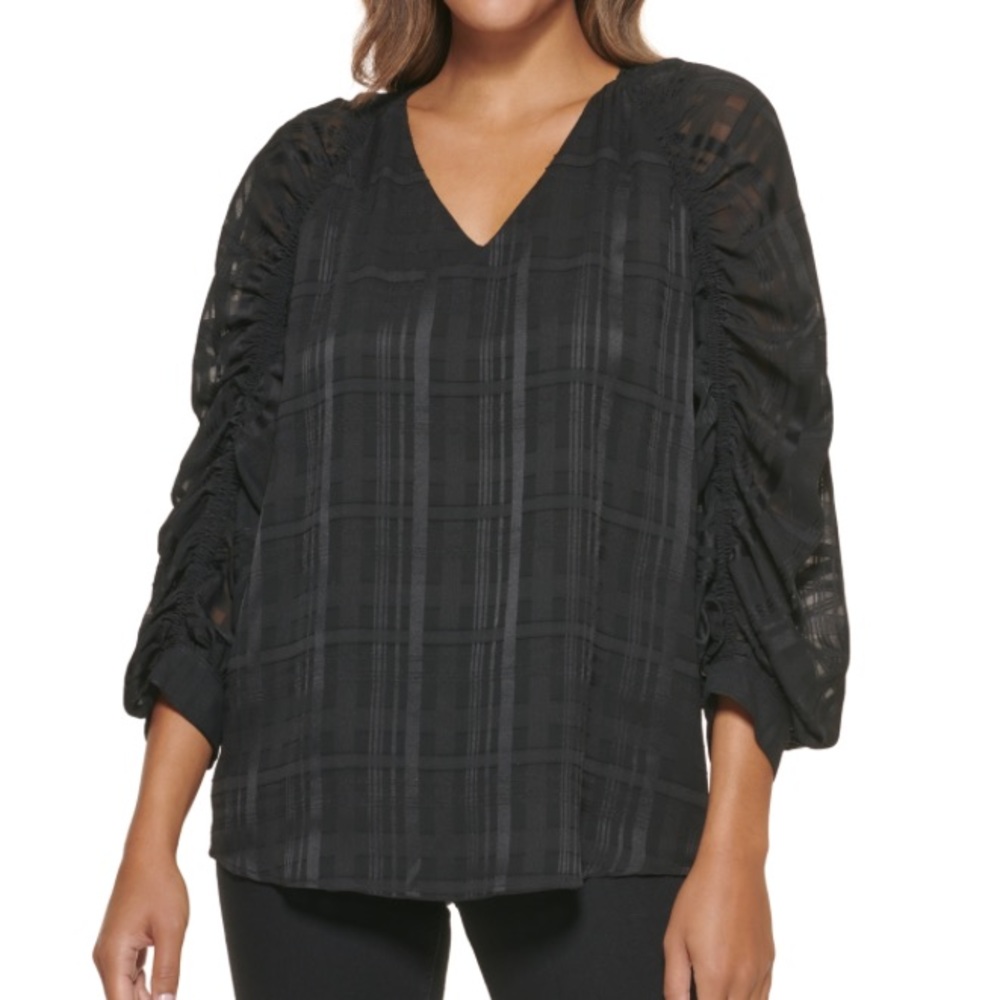 Calvin Klein Women's Sheer Ruched Long Sleeve Top, Black, Size: Large